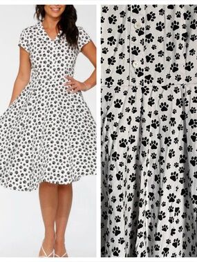 Orchid Bloom White and Black Dog Paw Print Dress Size 12 54331